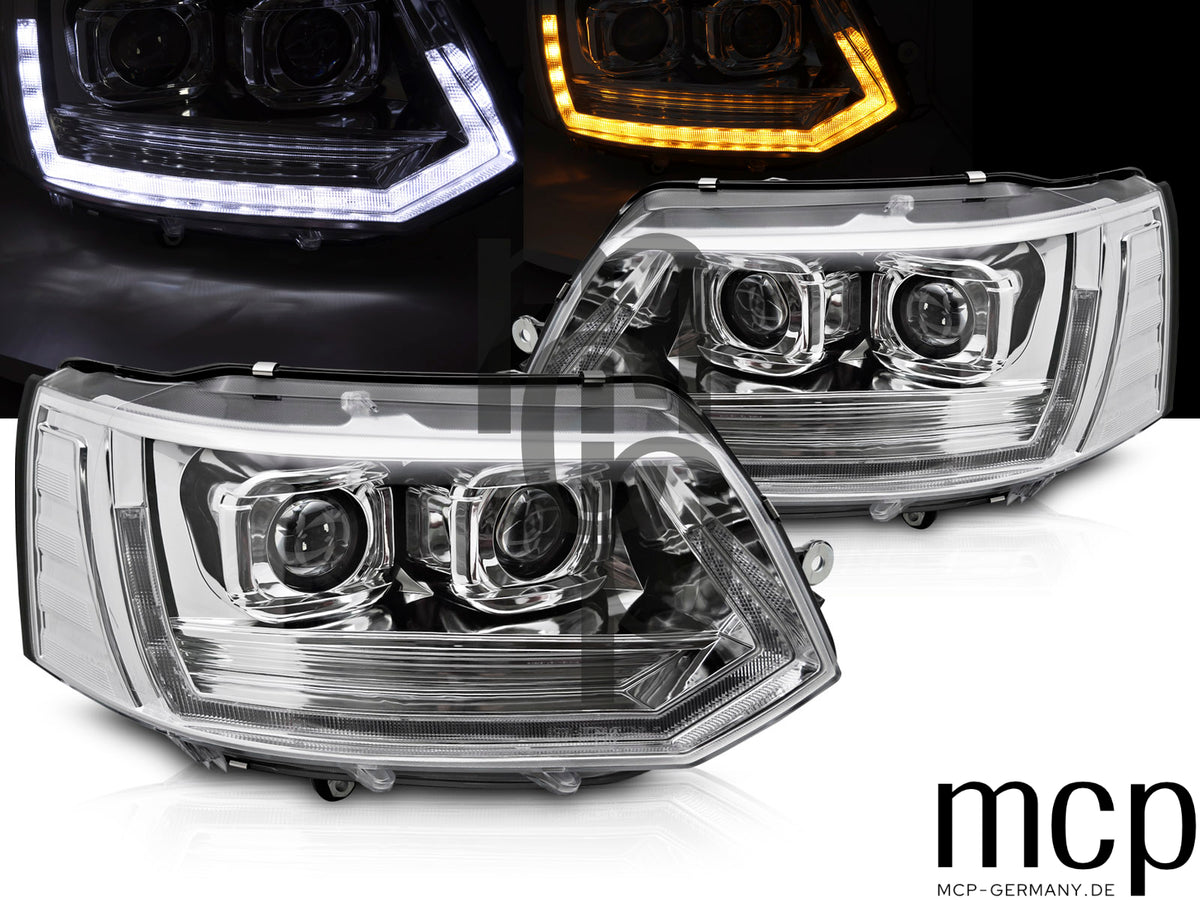 Voll LED Scheinwerfer Set für VW T5 (2010 bis 2015) in Chrom mit LED Tagfahrlicht