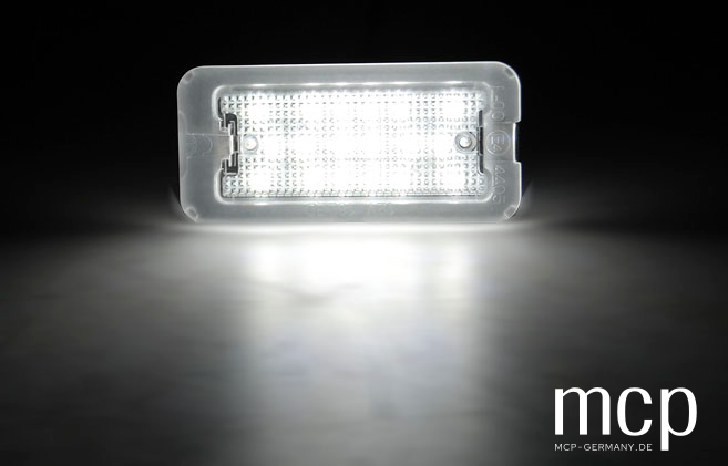 PRFI01 LED Kennzeichenbeleuchtung – Produktansicht mit MCP-Branding
