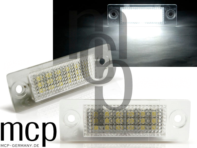 LED Kennzeichenbeleuchtung Set für VW Touran/Jetta/Caddy/Passat/Transporter/Škoda Superb – Produkt und Leuchtbild