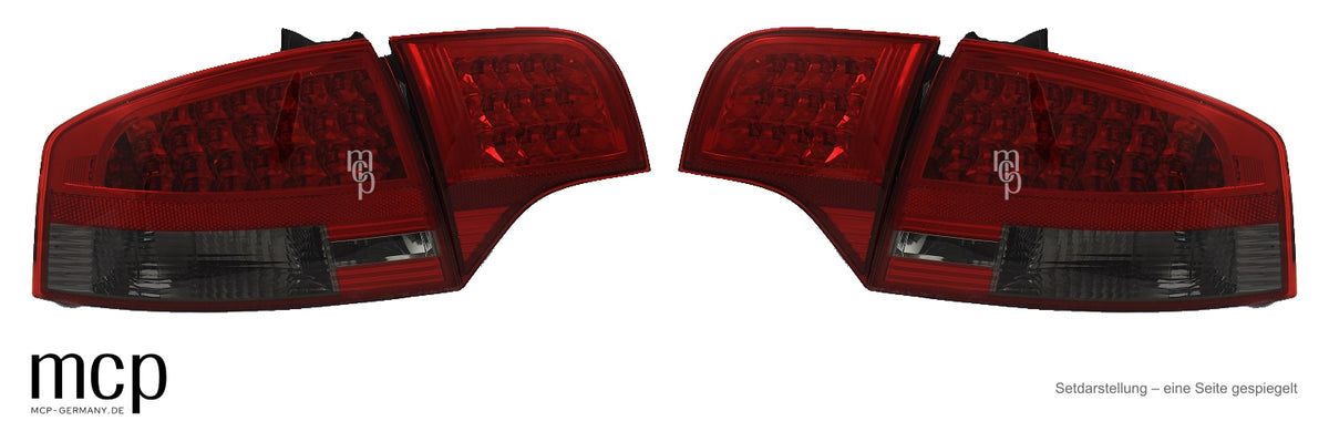 LED Rückleuchten Set für Audi A4 B7 Limousine (11/2004 bis 11/2007) Rot/Smoke – Setdarstellung links und rechts; eine Frontseite gespiegelt