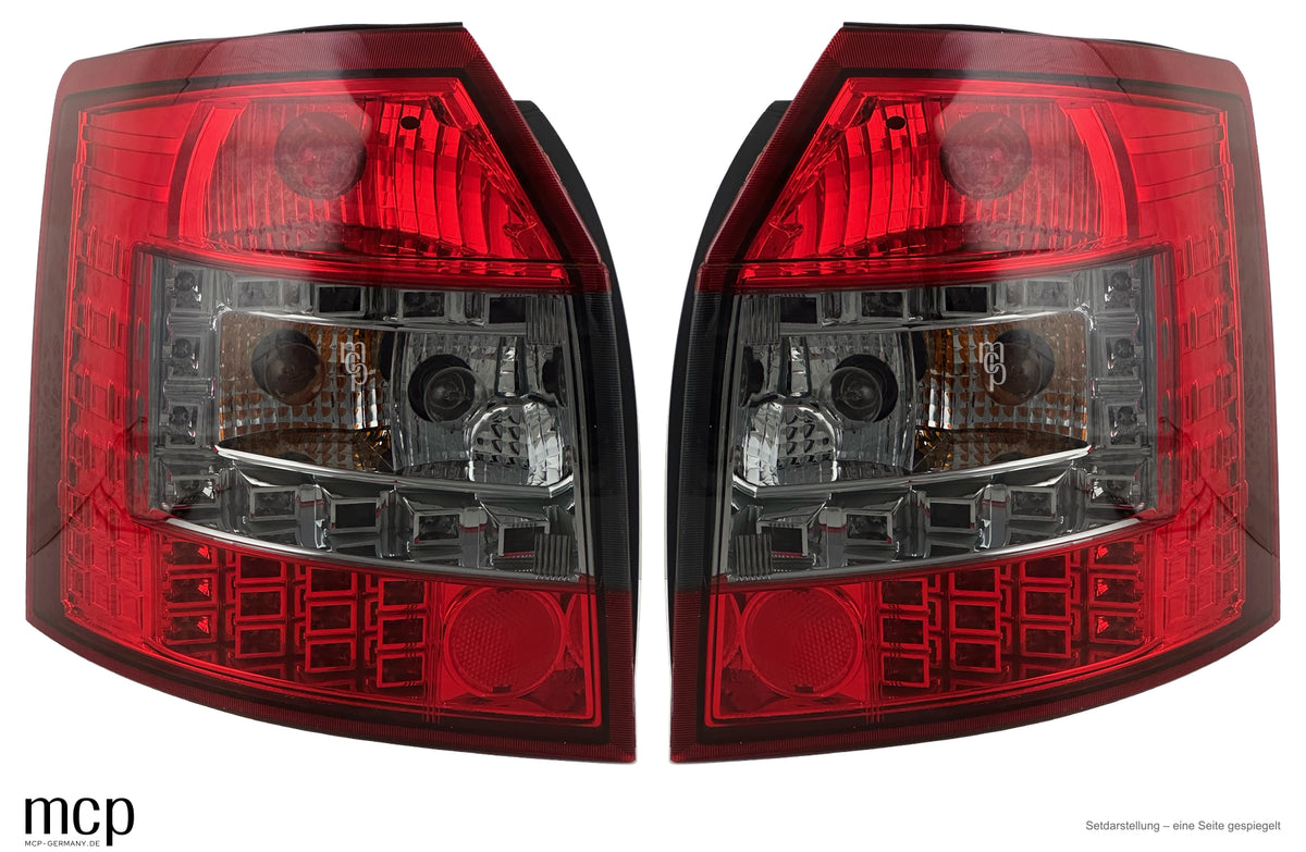 LED Rückleuchten Audi A4 B6 Avant (09/01–11/04) Rot/Smoke – Setdarstellung links und rechts; eine Frontseite gespiegelt