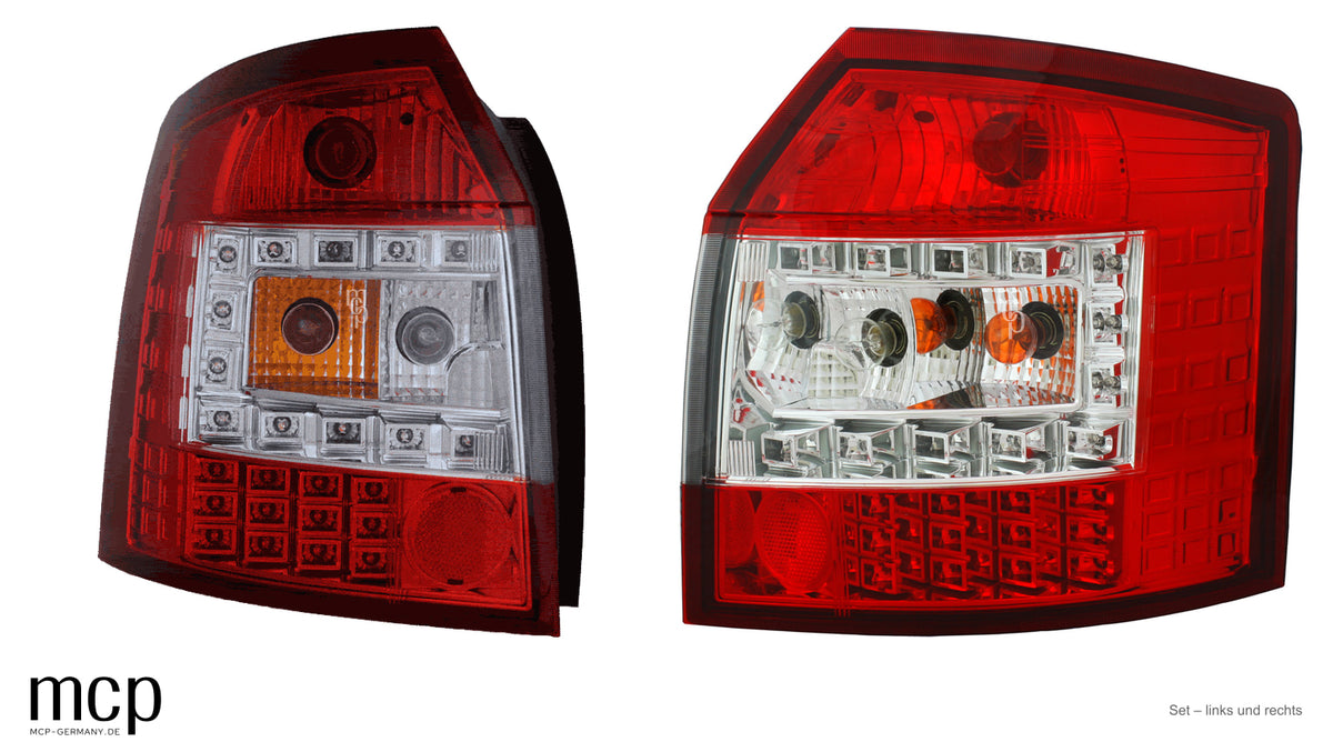 LED Rückleuchten Audi A4 B6 Avant (09/01–11/04) Rot/Klar – Set links und rechts, zwei originale Fotografien