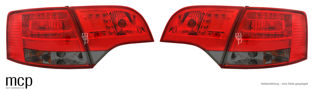 LED Rückleuchten Audi A4 B7 Avant (11/04–03/08) Rot/Smoke – Setdarstellung links und rechts; eine Frontseite gespiegelt