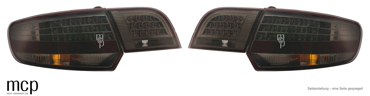 LED Rückleuchten Set für Audi A3 8PA Sportback (09/2004 bis 06/2008) Smoke – Setdarstellung links und rechts; eine Frontseite gespiegelt