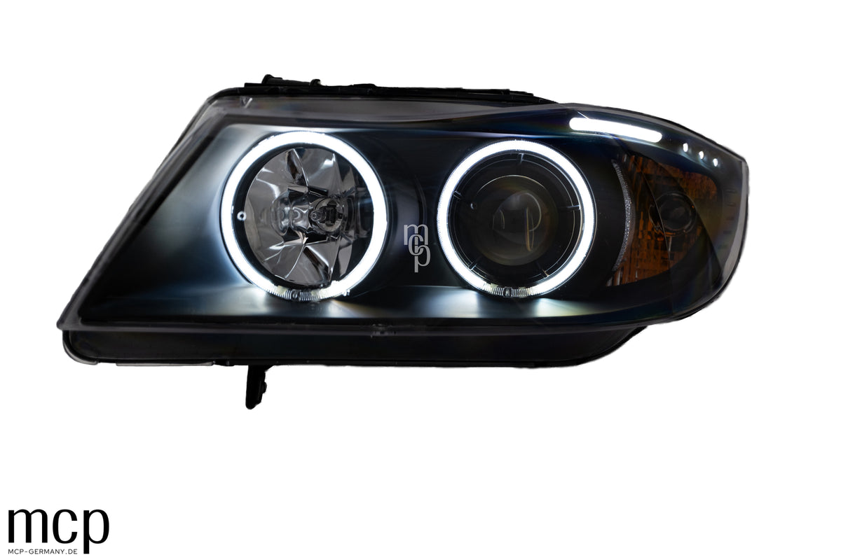MCP 031040 – CCFL Angel Eyes Scheinwerfer BMW E90/E91 Schwarz – CCFL-Ringe eingeschaltet