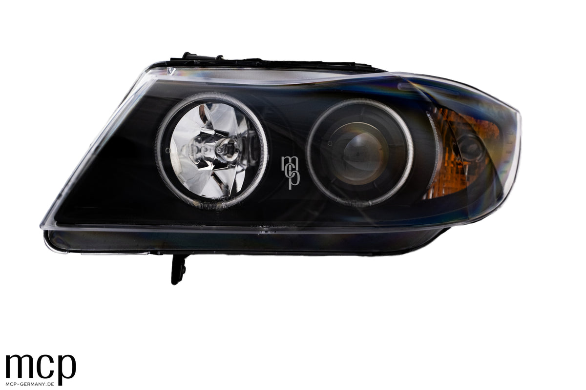 MCP 031040 – CCFL Angel Eyes Scheinwerfer BMW E90/E91 Schwarz – Unbeleuchtete Frontansicht