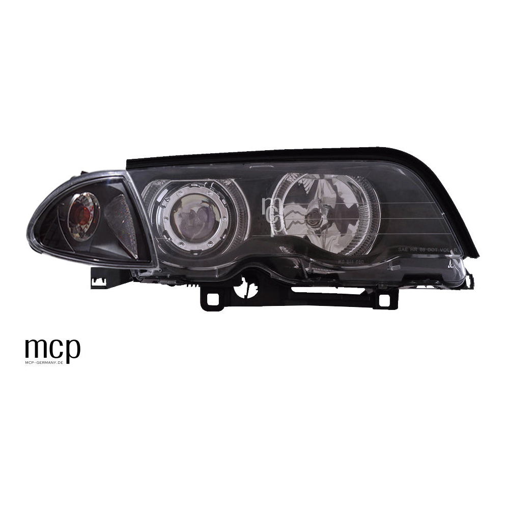 MCP 031042 – echte Einzelansicht des schwarzen BMW E46 CCFL Angel Eyes Scheinwerfers, quadratisches Bildformat