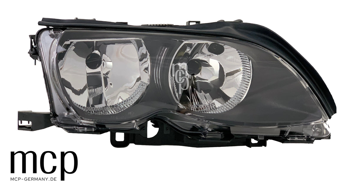 MCP 031135 – BMW 3er E46 Limousine/Touring – Scheinwerfer rechts Schwarz – Echte rechte Frontansicht