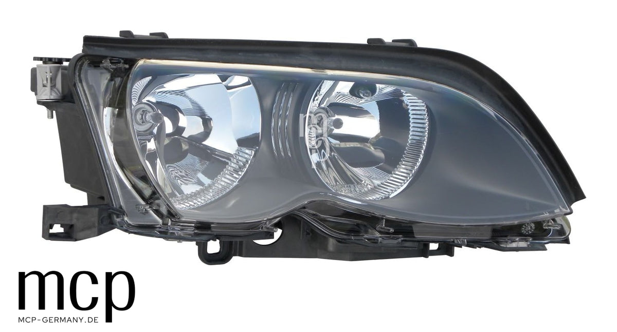 MCP 031135 – BMW 3er E46 Limousine/Touring – Scheinwerfer rechts Schwarz – Echte rechte Studiofront mit abweichendem Blickwinkel