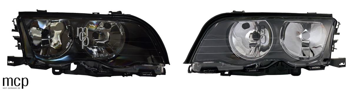 MCP 031163 – BMW 3er E46 Halogen-Scheinwerfer Schwarz – Set Frontansicht aus echten linken und rechten Originalaufnahmen