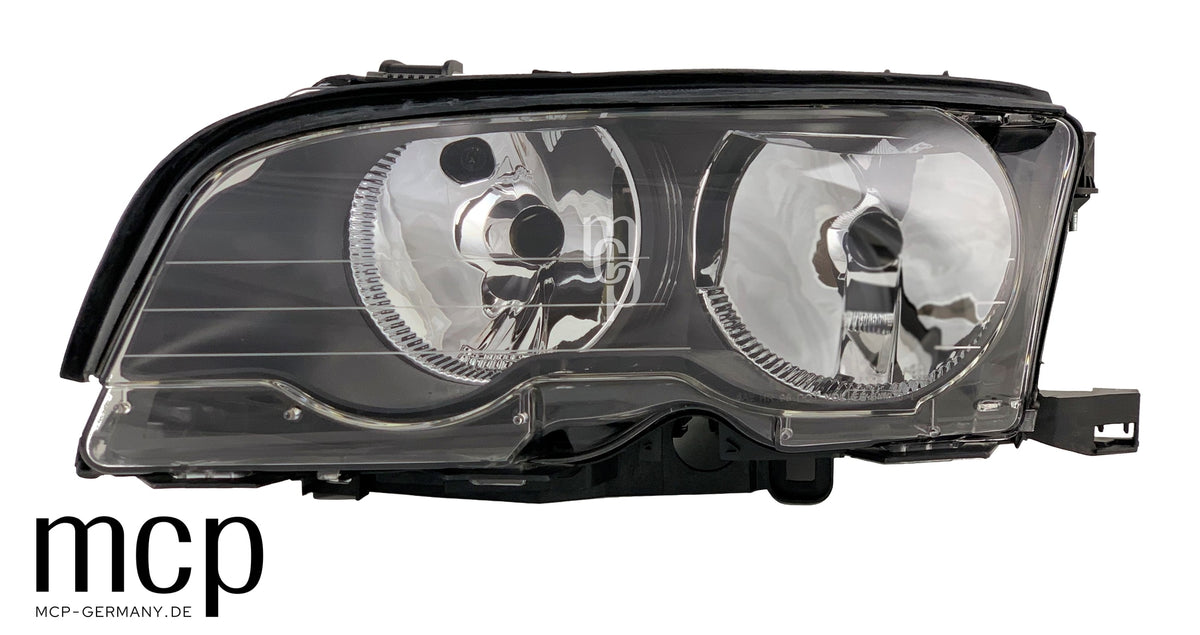 MCP 031165 – BMW 3er E46 Coupé/Cabrio Scheinwerfer Set Schwarz – linke Leuchte, Frontansicht