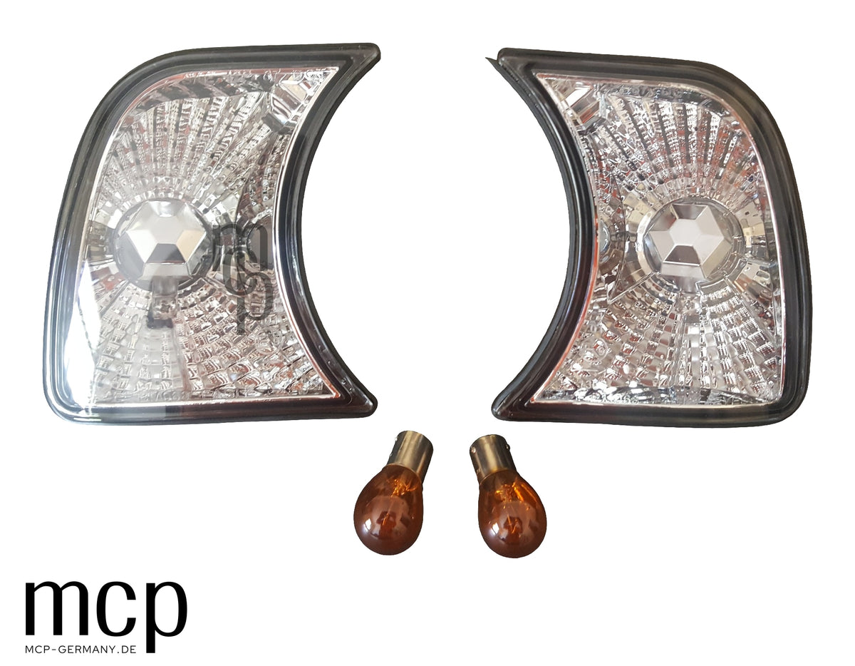 MCP 032078 – BMW 5er E34 – Frontblinker Set Chrom – Vorderansicht des Sets mit Blinkerlampen