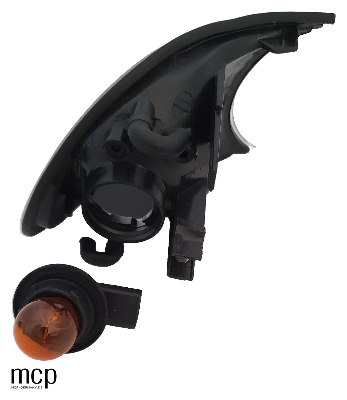 MCP 032139 – BMW 3er E46 Coupé/Cabrio – Frontblinker Set Klarglas Schwarz – Einzelne Rückansicht mit herausgenommener Blinkerfassung und Leuchtmittel