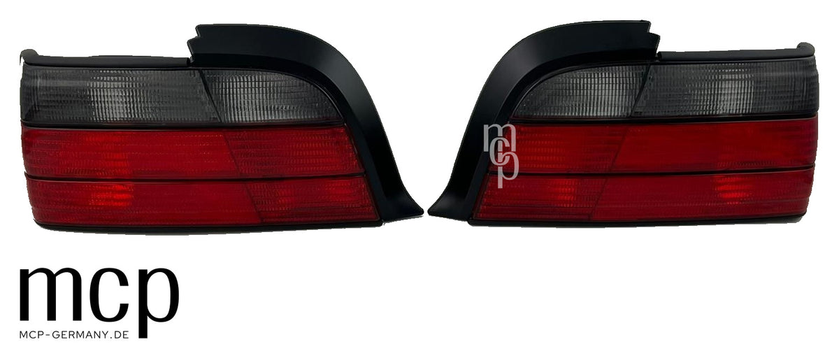 MCP 033026 – BMW 3er E36 Coupé / Cabrio Rückleuchten Rot/Smoke – Set Frontansicht