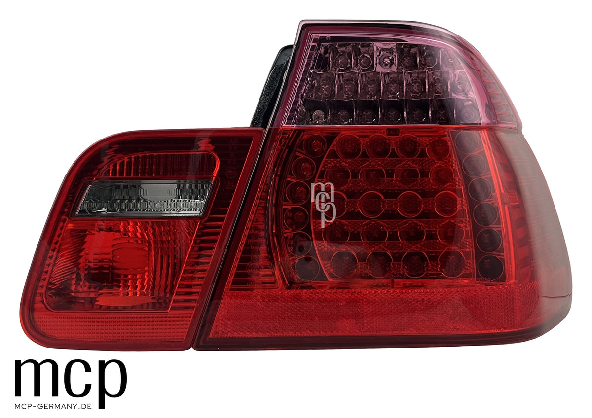 MCP 033229 – BMW 3er E46 Limousine LED Rückleuchten Rot/Pink – Echte Frontaufnahme der Außen- und Innenleuchte