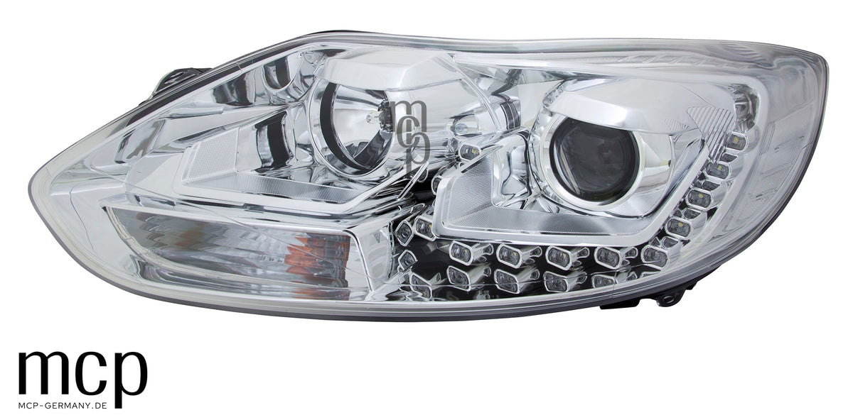 MCP 121058 – Ford Focus MK3 Scheinwerfer Chrom mit LED Standlicht – Echte unbeleuchtete Chrom-Frontansicht