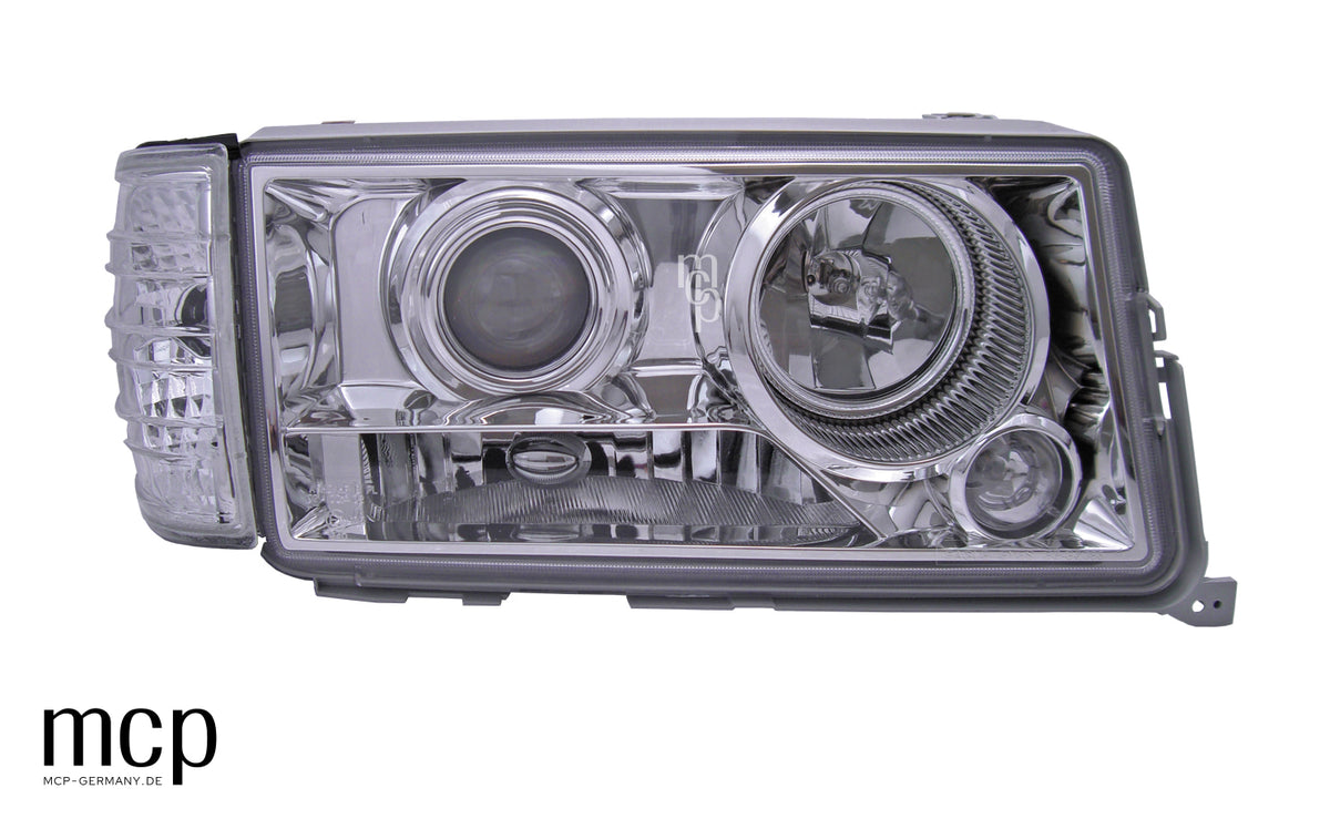 MCP 251037 – Scheinwerfer Mercedes-Benz W201 Chrom – Scheinwerfer mit Frontblinker, echte Vorderansicht