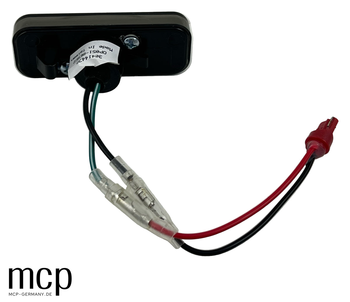 MCP 292016 – Opel Omega B LED Seitenblinker Klar/Smoke – Rückansicht mit Kabeln, Fassung und Halterung