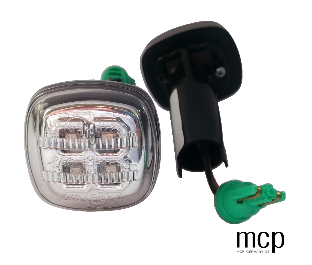 MCP 362016 LED-Seitenblinker in Chrom – Vorderseite und Rückseite mit Anschlüssen