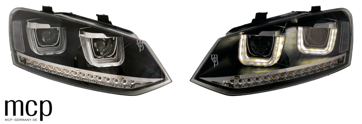 MCP 441229 – VW Polo 6R/6C Scheinwerfer Schwarz – Setansicht aus echten unterschiedlichen Seiten, Positionslicht aus und an