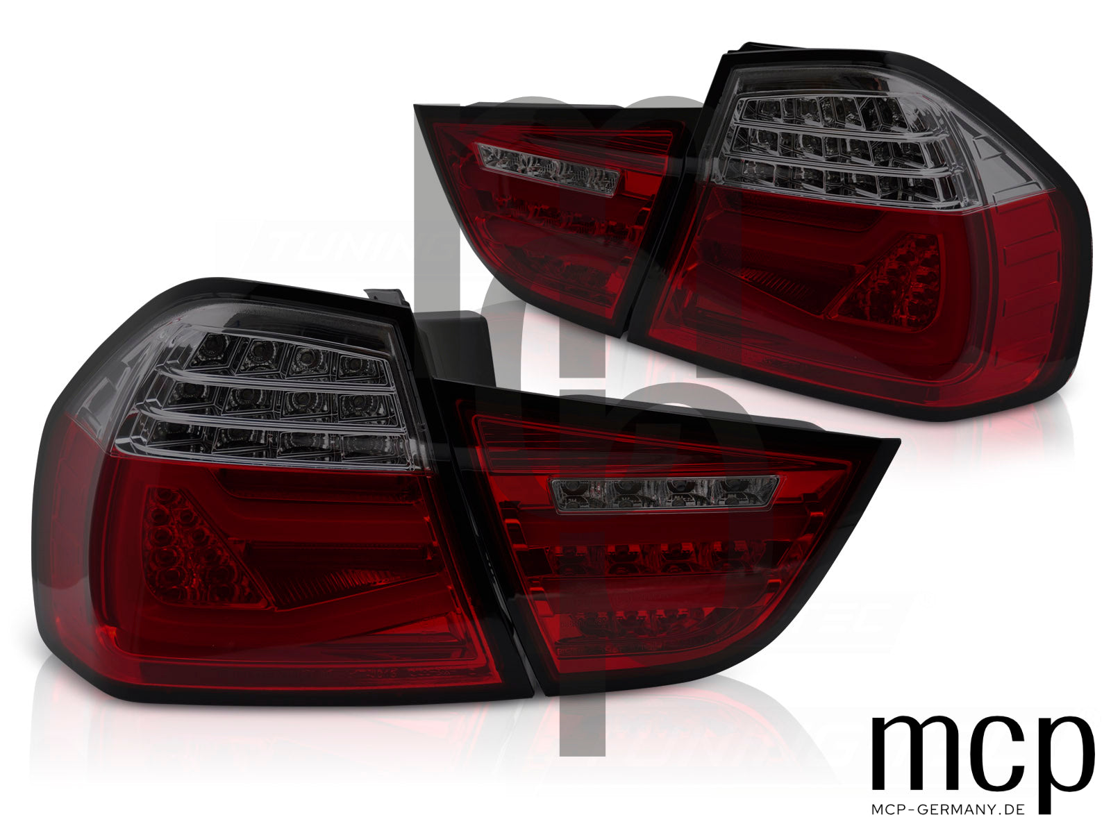 Voll LED Lightbar Rückleuchten Set für BMW 3er E90 Limousine (09/08 bis 06/12) in Rot/Smoke mit Dynamischem Blinker