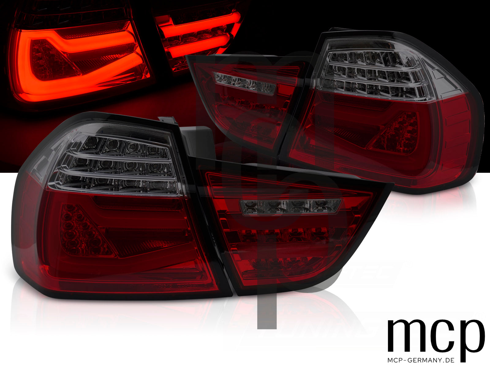 Voll LED Lightbar Rückleuchten Set für BMW 3er E90 Limousine (09/08 bis 06/12) in Rot/Smoke mit Dynamischem Blinker