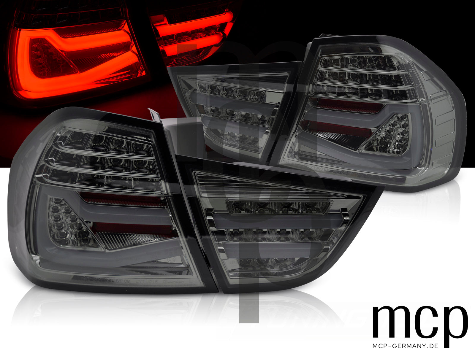 Voll LED Lightbar Rückleuchten Set für BMW 3er E90 Limousine (09/08 bis 06/12) in Smoke mit Dynamischem Blinker