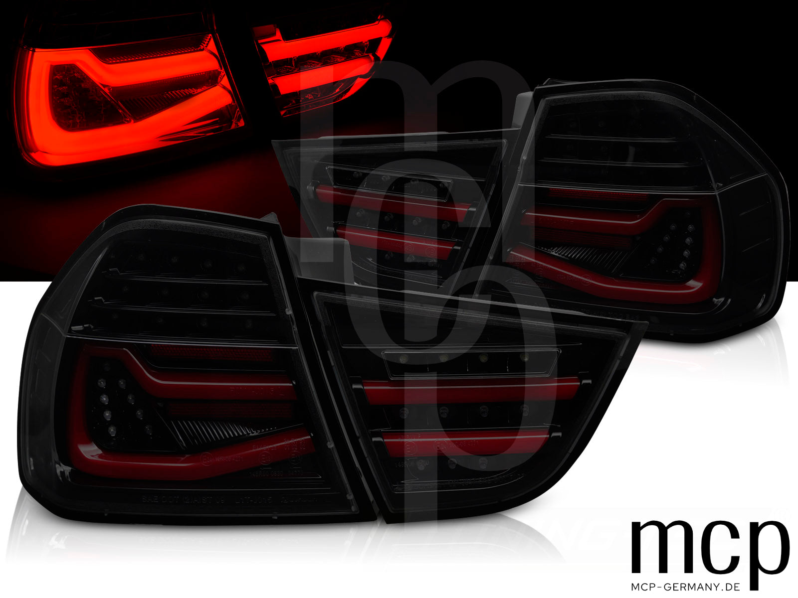 Voll LED Lightbar Rückleuchten Set für BMW 3er E90 Limousine (09/08 bis 06/12) in Smoke mit Dynamischem Blinker