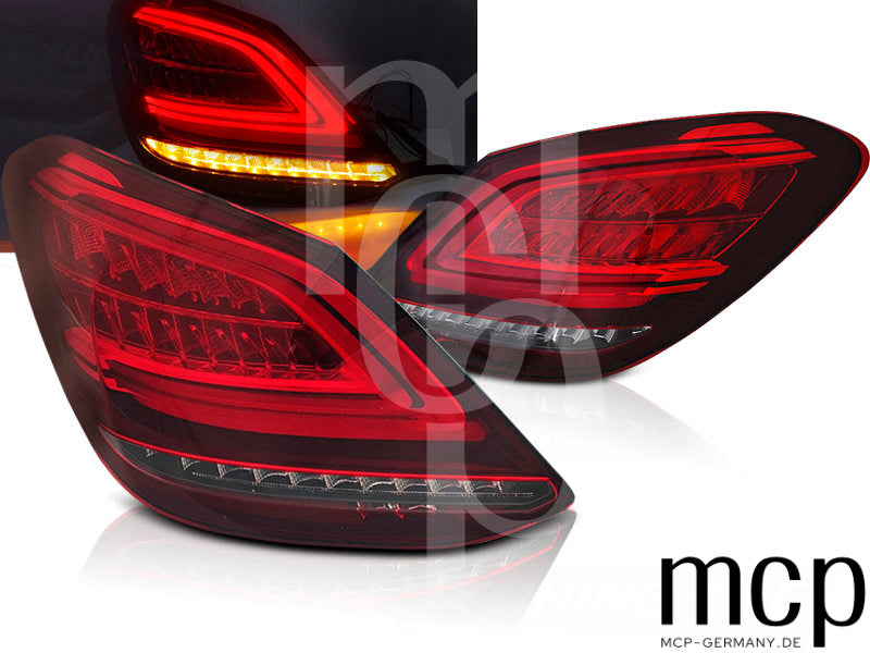 Voll LED Lightbar Rückleuchten Set für Mercedes C-Klasse W205 Limousine (2014 bis 2018) in Rot/Klar mit Dynamischem Blinker