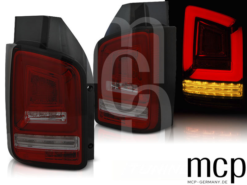 Voll LED Lightbar Rückleuchten Set für VW T6 mit Flügeltüren (07/15 bis 08/19) in Rot/Smoke mit Dynamischem Blinker