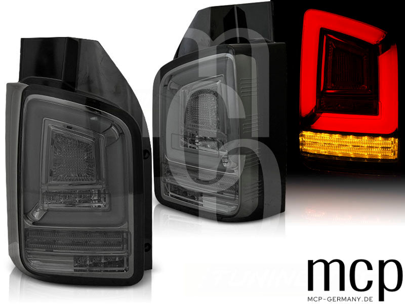 Voll LED Lightbar Rückleuchten Set für VW T6 mit Flügeltüren (07/15 bis 08/19) in Smoke mit Dynamischem Blinker