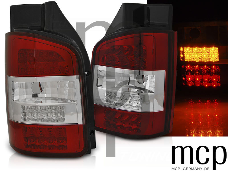 LED Rückleuchten Set für VW T5 Transporter mit Flügeltüren (05/03 bis 10/09) in Rot/Klar