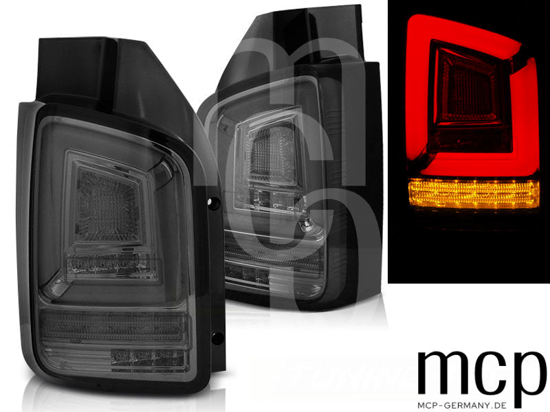 Voll LED Lightbar Rückleuchten Set für VW T5 Transporter mit Flügeltüren (04/03 bis 10/09) in Smoke mit Dynamischem Blinker