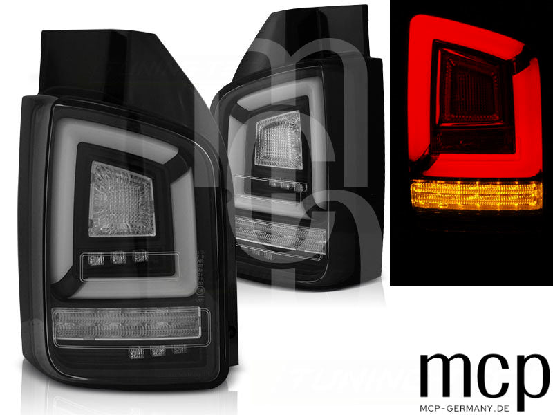 Voll LED Lightbar Rückleuchten Set für VW T5 Transporter mit Flügeltüren (04/03 bis 10/09) in Schwarz mit Dynamischem Blinker