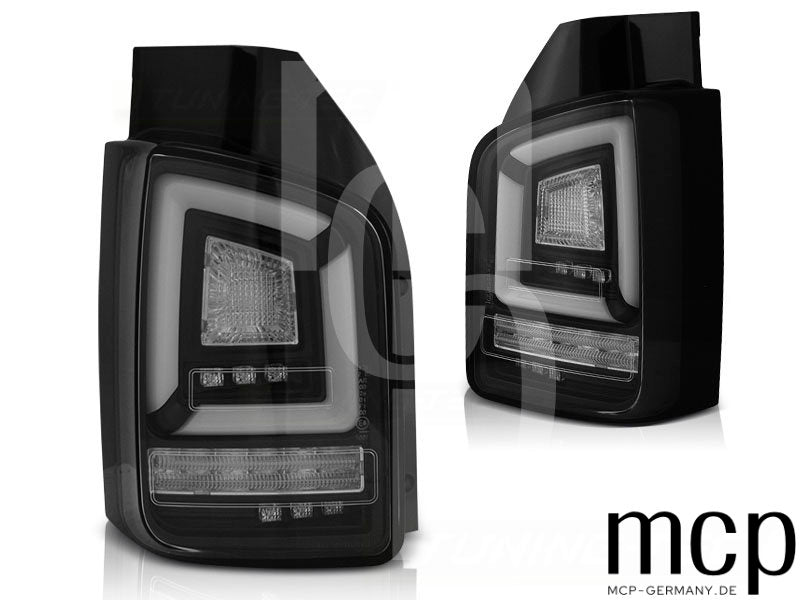 Voll LED Lightbar Rückleuchten Set für VW T5 GP Facelift Transporter mit Flügeltüren (11/09 bis 06/15) in Schwarz mit Dynamischem Blinker