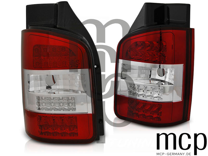 LED Rückleuchten Set für VW T5 GP Facelift Transporter mit Flügeltüren (11/09 bis 06/15) in Rot/Klar