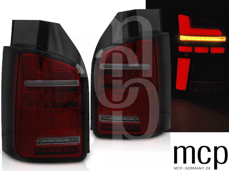 Voll LED Lightbar Rückleuchten Set für VW T5 Transporter mit Flügeltüren (04/03 bis 10/09) in Rot/Smoke mit Dynamischem Blinker