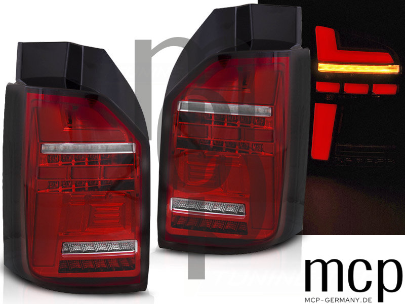 Voll LED Lightbar Rückleuchten Set für VW T6 mit Heckklappe (07/15 bis 08/19) in Rot/Klar mit Dynamischem Blinker