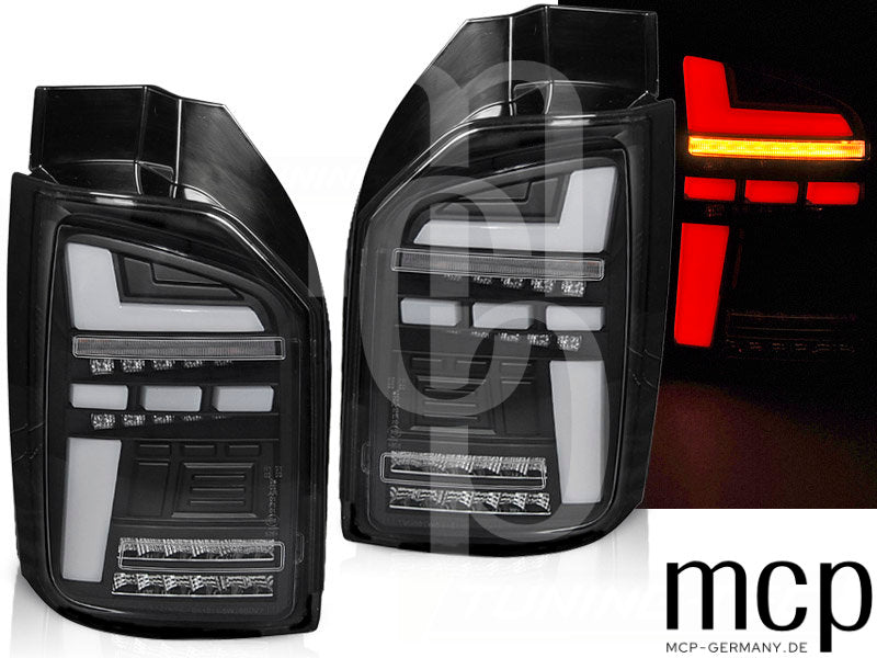 Voll LED Lightbar Rückleuchten Set für VW T6 (07/15 bis 08/19) und T6.1 Facelift (ab 09/19) mit Heckklappe in Schwarz mit Dynamischem Blinker