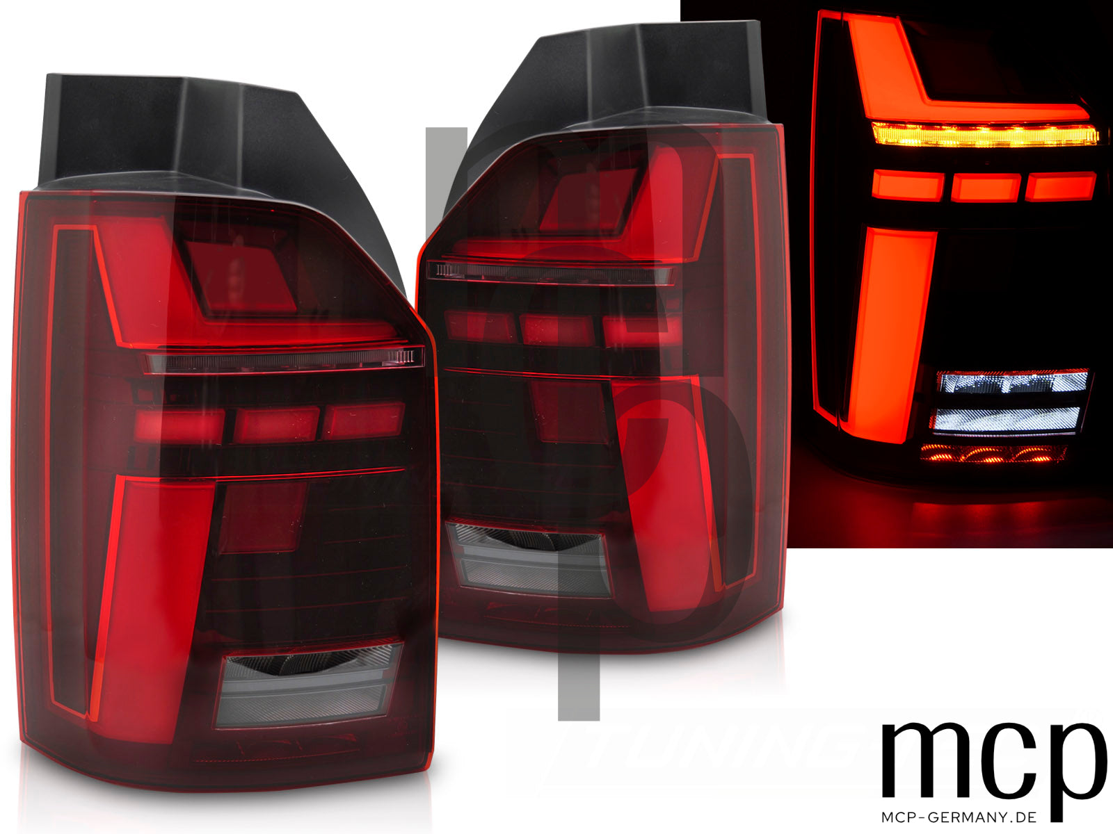 Voll LED Lightbar Rückleuchten Set für VW T6 (2015 bis 2019) und T6.1 (2020 bis 2024) in Rot mit Dynamischem Blinker und Welcome-Light-Funktion