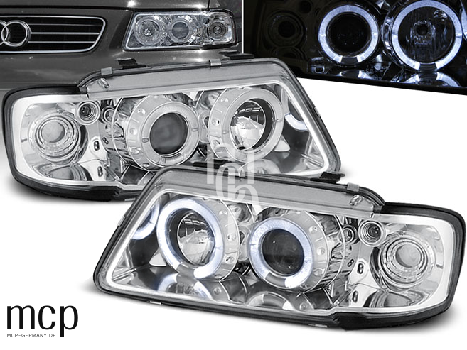 Audi A3 8L – Chrom-Scheinwerfer mit Einbauansicht und leuchtenden Angel Eyes