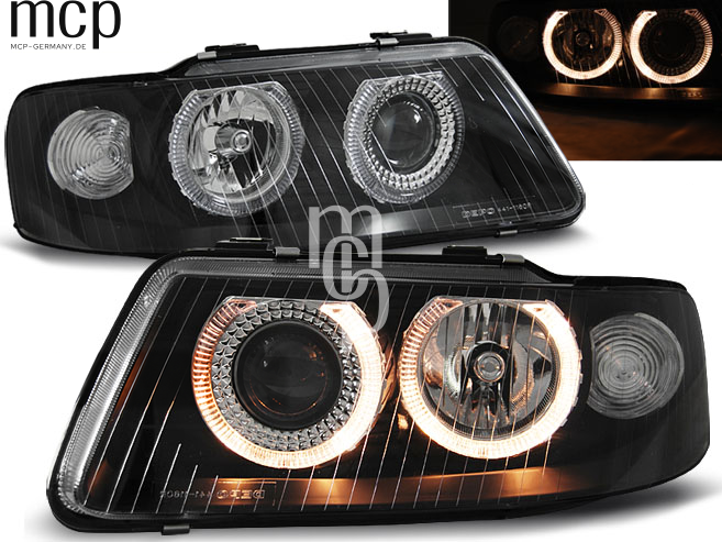 Angel Eyes Scheinwerfer Set für Audi A3 (2000 bis 2003) in Schwarz – zusätzliche Leuchtdetailansicht