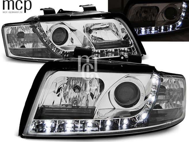 LED Tagfahrlicht Scheinwerfer Set für Audi A4 (10/2000 bis 10/2004) in Chrom – zusätzliche Leuchtdetailansicht