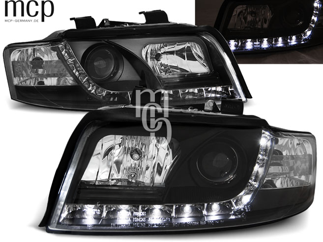 LED Tagfahrlicht Scheinwerfer Set für Audi A4 (10/2000 bis 10/2004) in Schwarz – zusätzliche Leuchtansicht