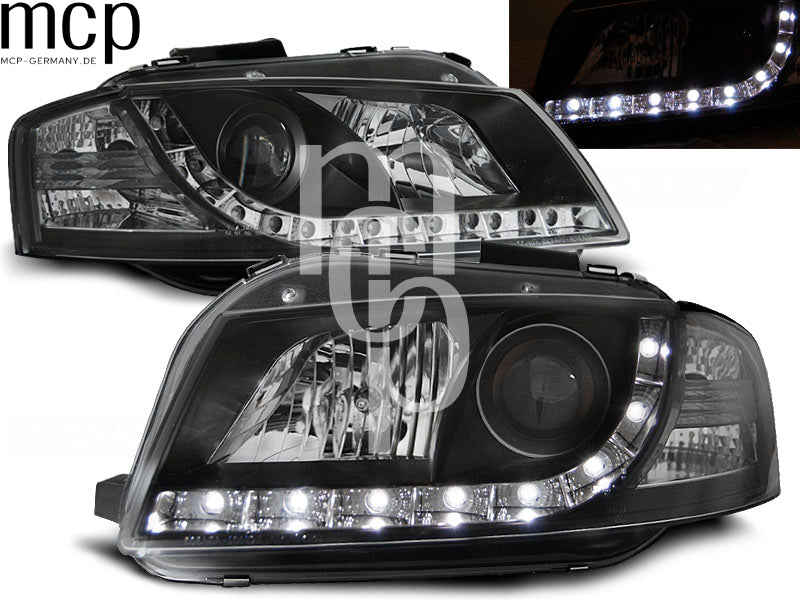 LED Tagfahrlicht Scheinwerfer Set für Audi A3 8P (05/2003 bis 03/2008) in Schwarz