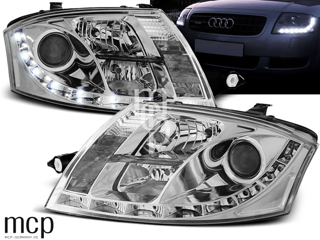 LED Tagfahrlicht Scheinwerfer Set für Audi TT (1999 bis 2006) in Chrom – zusätzliche Leuchtansicht