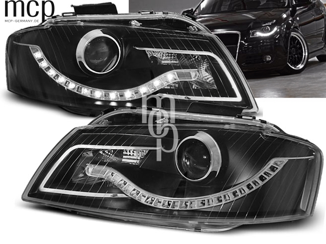 LED Tagfahrlicht Scheinwerfer Set für Audi A3 8P (2003 bis 2008) in Schwarz – Leucht- und Einbauansicht