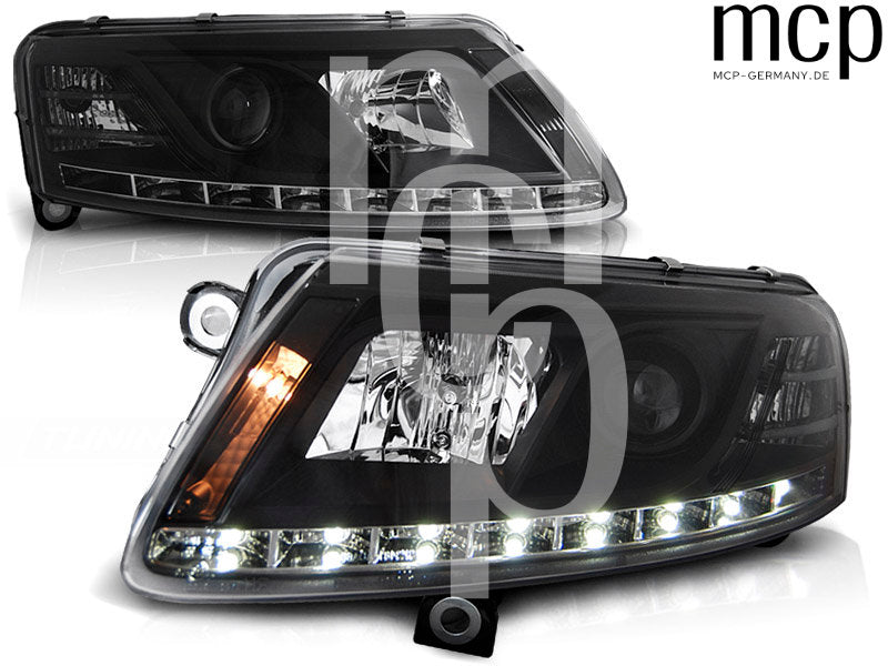 LED Tagfahrlicht Scheinwerfer Set für Audi A6 C6 (04/2004 bis 2008) in Schwarz