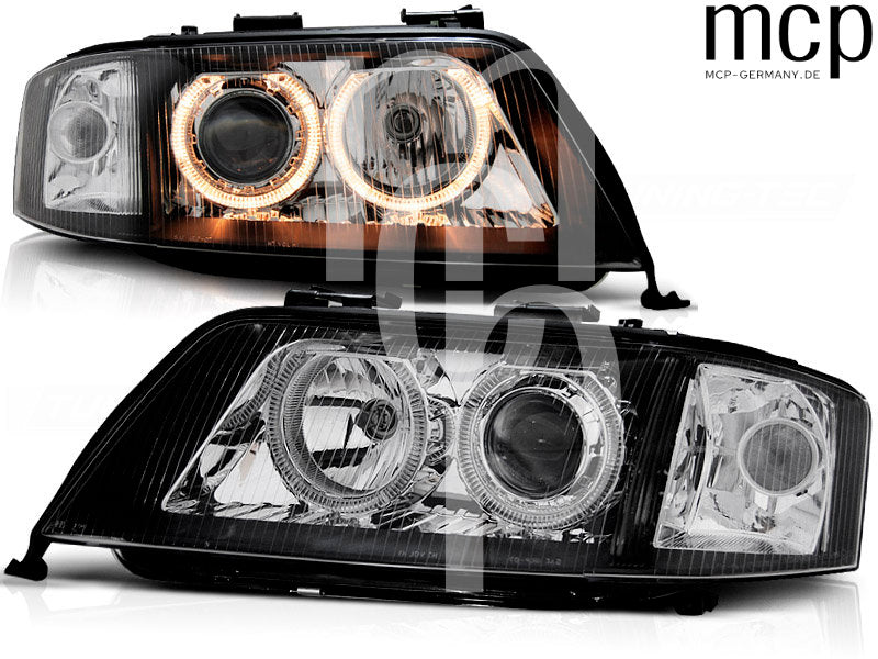 Xenon Angel Eyes Scheinwerfer Set für Audi A6 (06/2001 bis 05/2004) in Schwarz