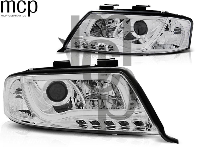 LED Tagfahrlicht Scheinwerfer Set für Audi A6 (05/1997 bis 05/2001) in Chrom